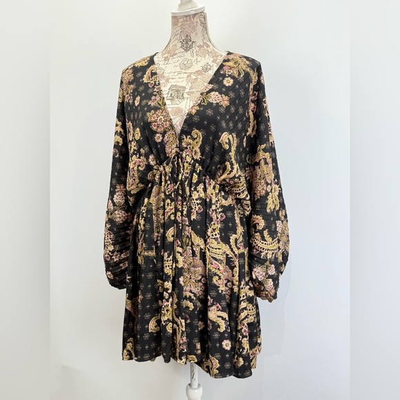 FREE PEOPLE Black and tan print ARZEL double V neckline mini dress size M - Picture 10 of 15